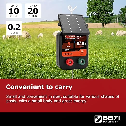 Lydite Solar Electric Fence Charger - 5 Miles Range 20 Acres 0.15 Stored Joules Energizer in Lithium Battery 1.8W Solar Panel Solar Powered Fence Charger for Livestock