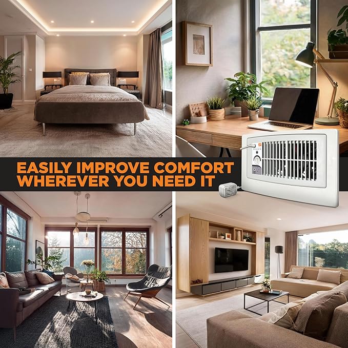 Suncourt Flush Fit Floor/Wall Register Booster Fan — Ultra-Quiet, 5-Speed Vent Fan with Smart Technology and 6-Foot Power Cord, HC500-WPL (White)
