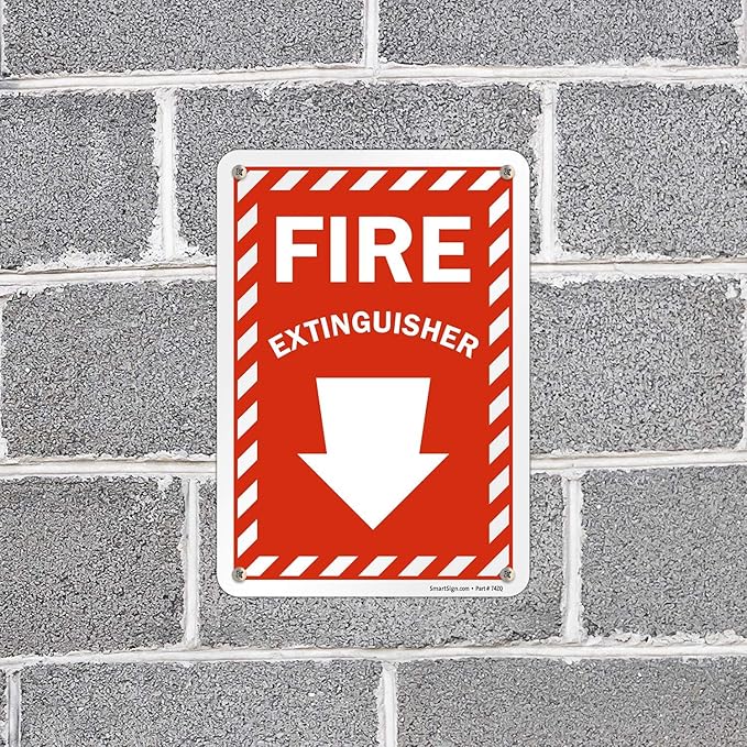 SmartSign 10 x 7 inch “Fire Extinguisher” Sign with Down Arrow and Pre-Cleared Holes, Digitally Printed, 55 mil HDPE Plastic, Red and White