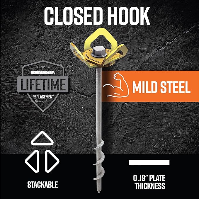 GROUNDGRABBA Screw in Tent Stake for Normal to Hard Ground | Premium Drill Driven Ground Anchor Earth Screws | 12X Pro I Stakes (1.5 Foot), 12X GroundGrabba Closed Hooks, 1X 5/8" Hex Socket Driver