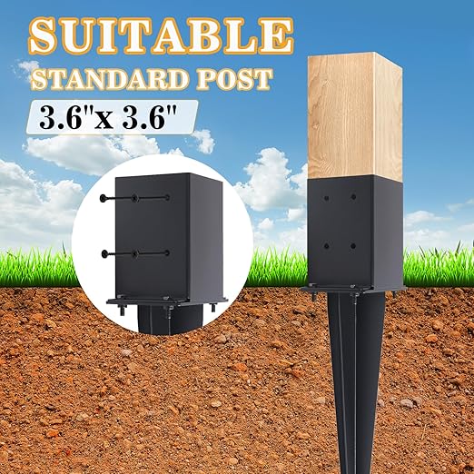 4 Pcs 4"x4" Fence Post Anchor Ground Spike,(Internal 3.6"x3.6"),Metal Post Stake Ground 22" with Black Powder-Coated,Fence Stakes Post Base for Deck,Fence,Porch,Railing,Mailbox