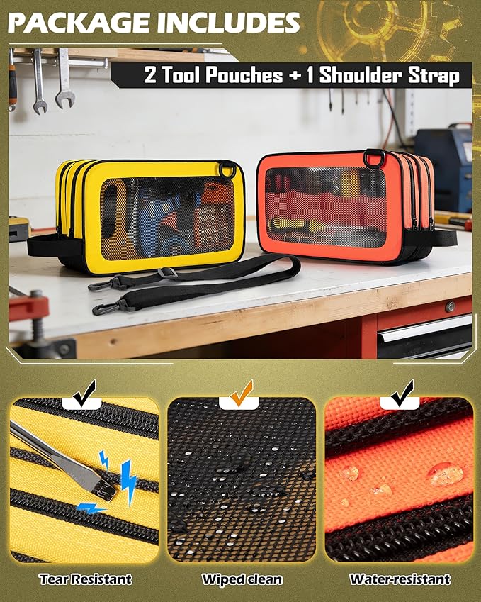 2 Pack Tool Pouch with Dual Compartments, 12” Tool Bag with Detachable Shoulder Strap, Carry Handle and Translucent Window, Orange-red/Yellow