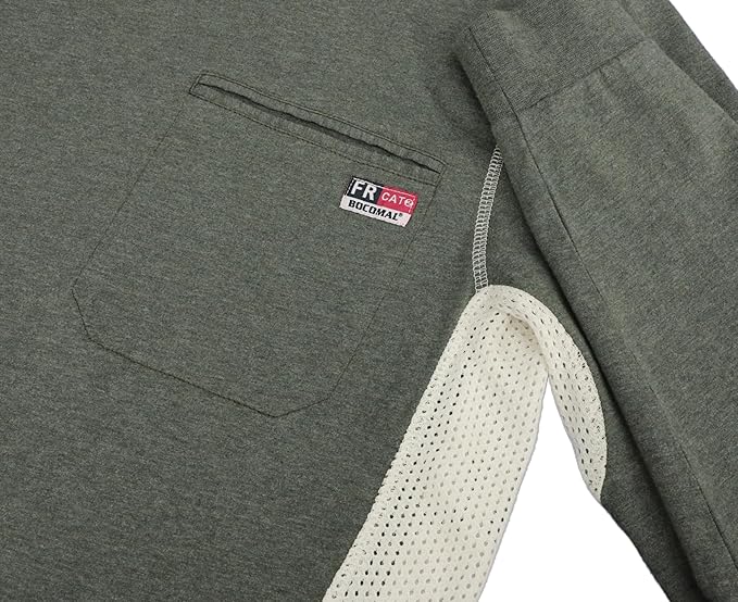 BOCOMAL FR Shirts for Summer Breathable Vented Design 6oz Heather Jersey Flame Resistant Long Sleeve Crew T Shirt