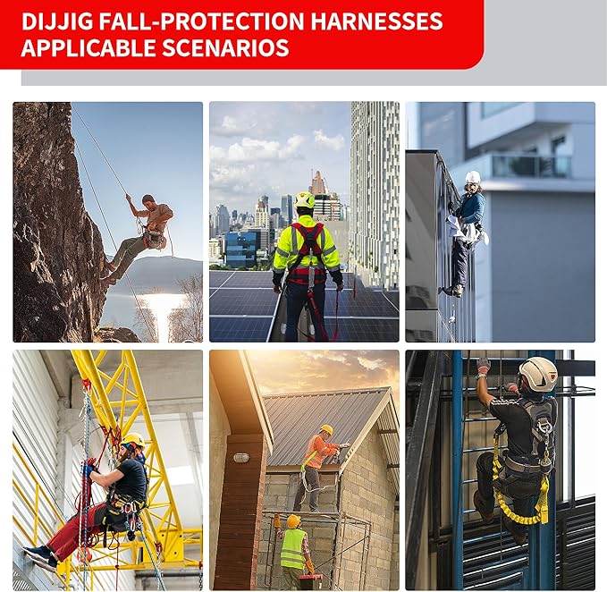 Fall Protection Safety Full Body Harness 5pt Adjustment Safe Comfortable Construction Positioning Harness Extra Long Thick Leg Back Padded Push-Button Quick-Lock Buckles OSHA and ANSI compliant