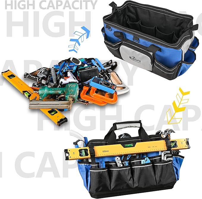 16 Inch Wide Mouth Heavy Duty Tool Bag, 21 Pockets and Waterproof Plastics Base Construction Electrician Tote Tool Organizer Bag with Shoulder Strap and Zipper Pocket, Padded Handle, Blue