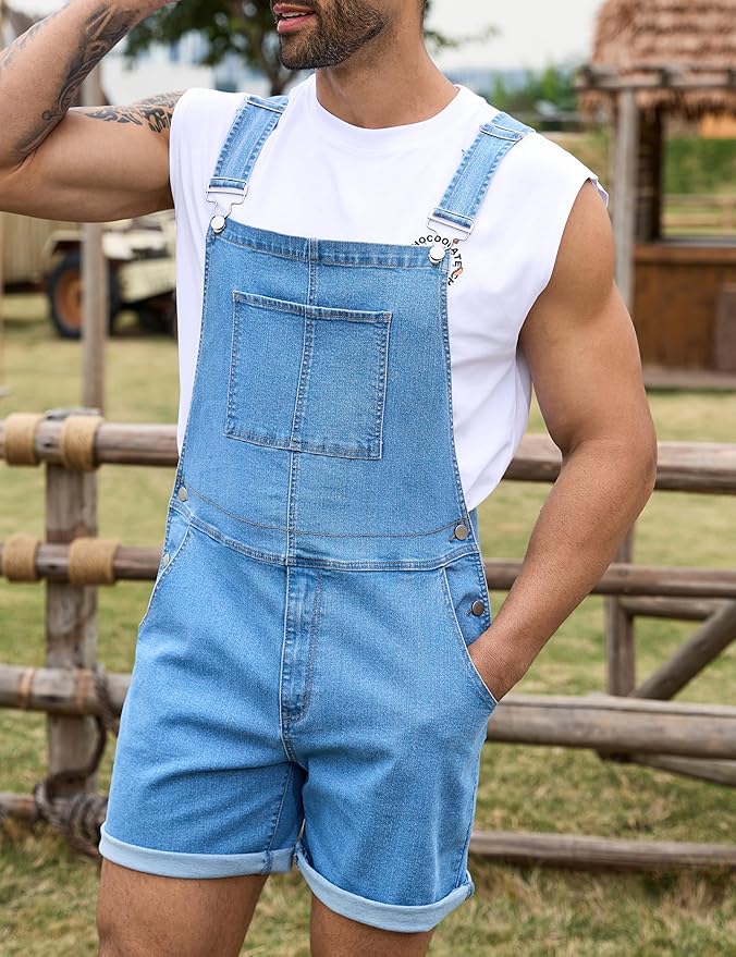 Bindefon Denim Overalls for Men Jean Shorts Jumpsuit Work Bibs Coveralls with Zipper