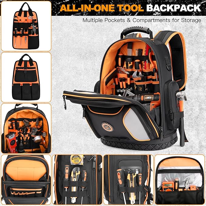 Tool Bag Backpack, 75 Pockets & Loops Heavy Duty Tools Organizer Bags/HVAC Tool Carrier for Eelectrician/Construction Work with Molded Base and Combination Lock, Large, Black and Orange