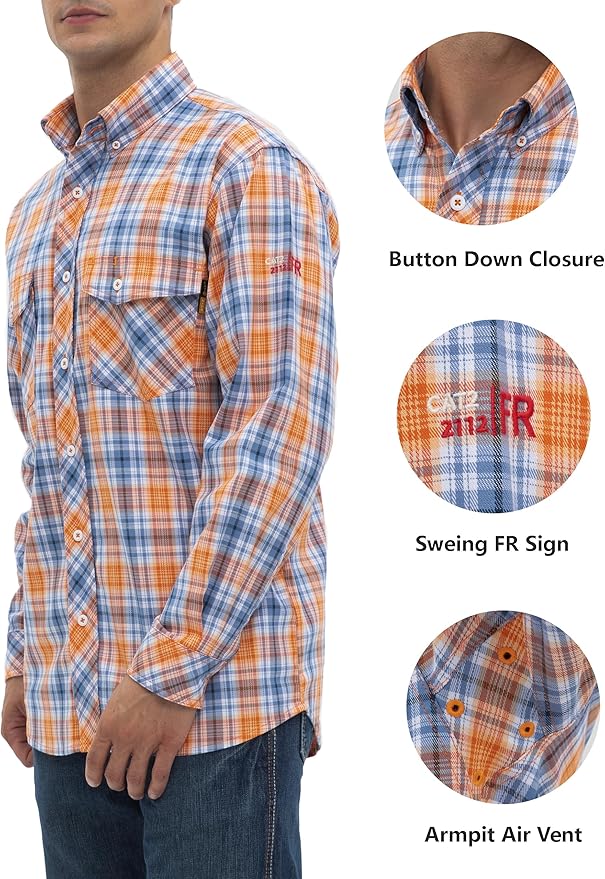 WORKWEYA FR Welding Shirts 7.5oz Cotton Button Down Flame Resistant Shirt for Men