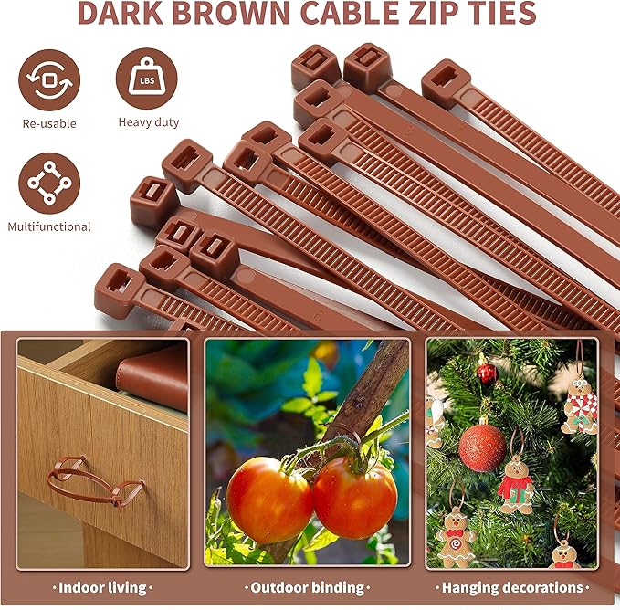200pcs Brown Zip Ties, 12+10+8+4 Inch Heavy Duty Cable Ties with 55-22lb Strength, PA66 Self-Locking Nylon Wire Ties for Christmas Farming Fence Garden Trellis, UV Resistant