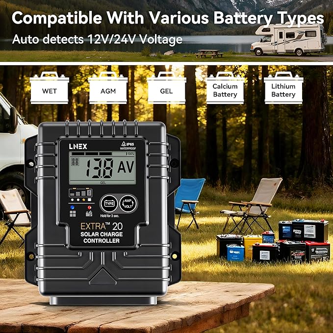 Solar Charge Controller Waterproof, 20A Solar Panel Regulator with Temp Sensor,Backlit LCD, 12V/24V PWM Solar Controller for LiFePO4,AGM, Gel, Flooded and Lithium Battery