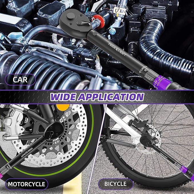 PRIDE&CRAFT 3/8 Inch Drive Click Torque Wrench, 3% High Precision Adjustable Dual Direction, 72-Tooth, 5-50 lbf.ft/6.8-68 Nm Torque Wrench for Bike, Motorcycle and Car Repair, Purple Black