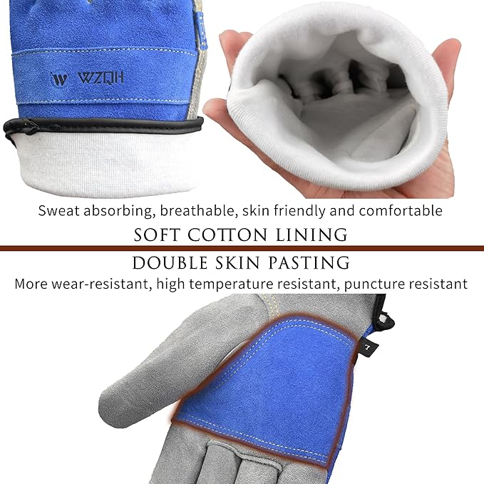 Leather Work Gloves for Men or Women. XX-Large Glove for Gardening, Tig/Mig Welding, Construction, Chainsaw, Farm, Ranch, etc. Cowhide, Cotton Lined, Utility, Firm Grip, Durable. Blue-Grey 2XL