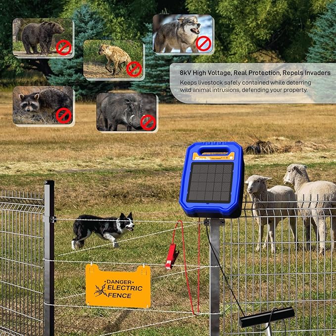 Solar Electric Fence Controller, 0.5J Solar-Powered Electric Fence Charger with Auto Day/Night Mode Ideal for Farms, Backyards, Ranches, and Gardens