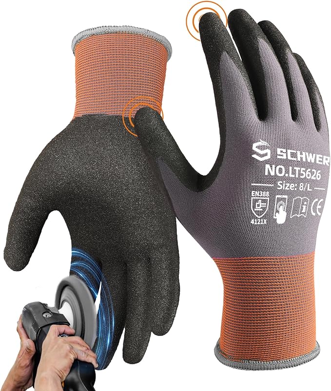 Schwer 12 Pairs Safety Work Gloves Sandy Nitrile Coated LT5626, Level 6 Abrasion Resistant (Certified) Heavy Duty Working Gloves for Men Women, Touch-Screen, for Gardening, Construction, L