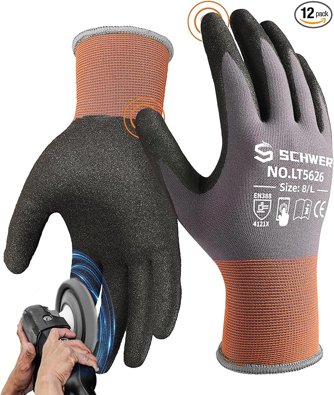 Schwer 12 Pairs Safety Work Gloves Sandy Nitrile Coated LT5626, Level 6 Abrasion Resistant (Certified) Heavy Duty Working Gloves for Men Women, Touch-Screen, for General Use, Construction, XXL