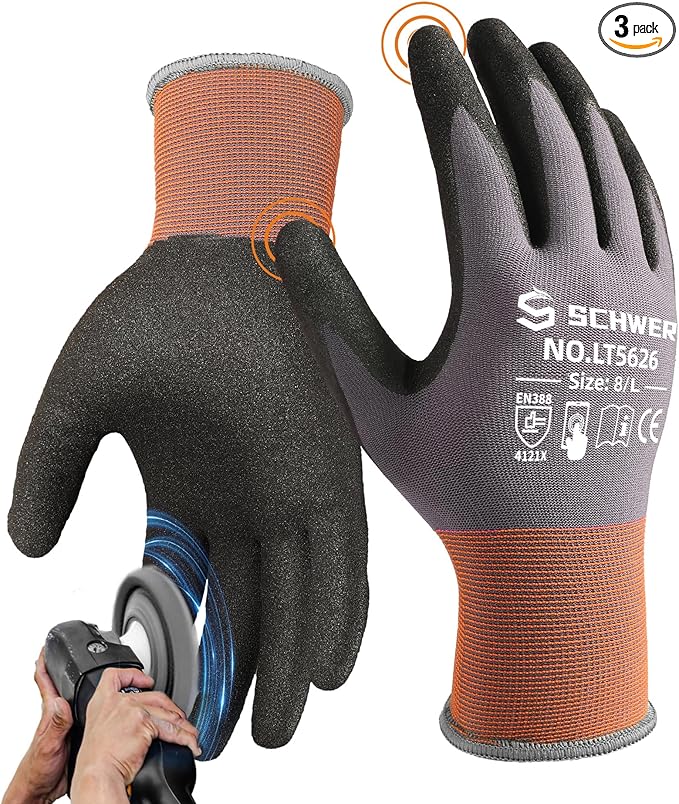 Schwer 3 Pairs Safety Work Gloves with Sandy Nitrile Coating LT5626, Level 6 Abrasion Resistant Heavy Duty Gloves with Grip for Men Women, Ideal for General Use, Construction, Gardening, XXL