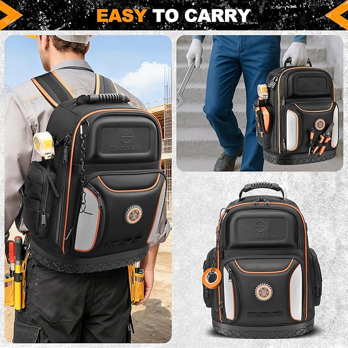 Tool Bag Backpack, 75 Pockets & Loops Heavy Duty Tools Organizer Bags/HVAC Tool Carrier for Eelectrician/Construction Work with Molded Base and Combination Lock, Large, Black and Orange