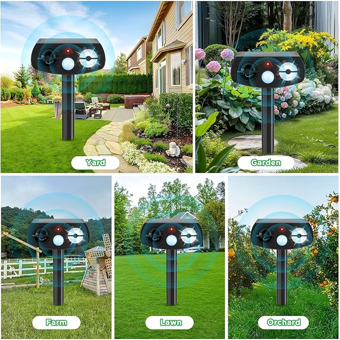 Solar Animal Repeller Outdoor, Motion Activated Ultrasonic Pest Deterrent with LED Light, Waterproof Repellent for Yard Garden, Raccoon Squirrel Rabbit Cat Dog, 2 Pack