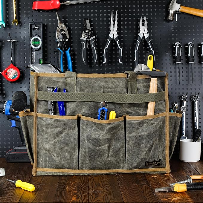 Canvas Large Tool Bag - A Large Main Pocket and 14 Insert Pockets - Durable 16oz Waxed Canvas Tool Case with Handle - 16.5 X 7 X 12 inch | ArmyGreen