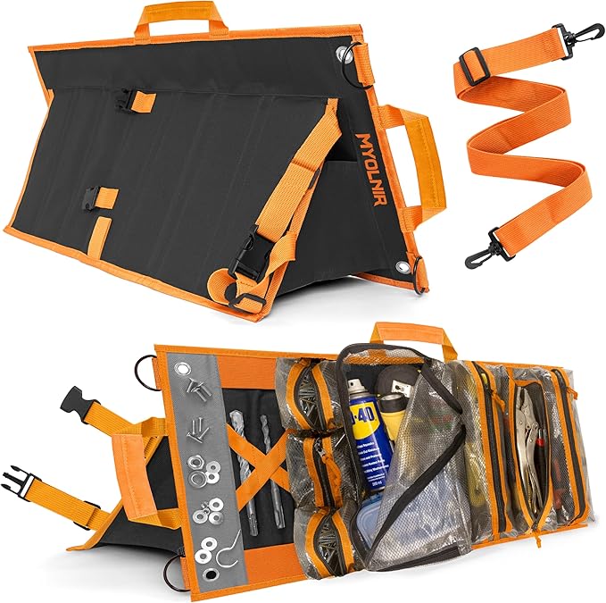 Roll Up Tool Bag Organizer With Kickstand - Compact Heavy Duty Motorcycle Tool Roll Bag Organizer - Portable Rollup Toolbag With Magnetic Panels & Transparent Pockets - Mechanic & Electrician