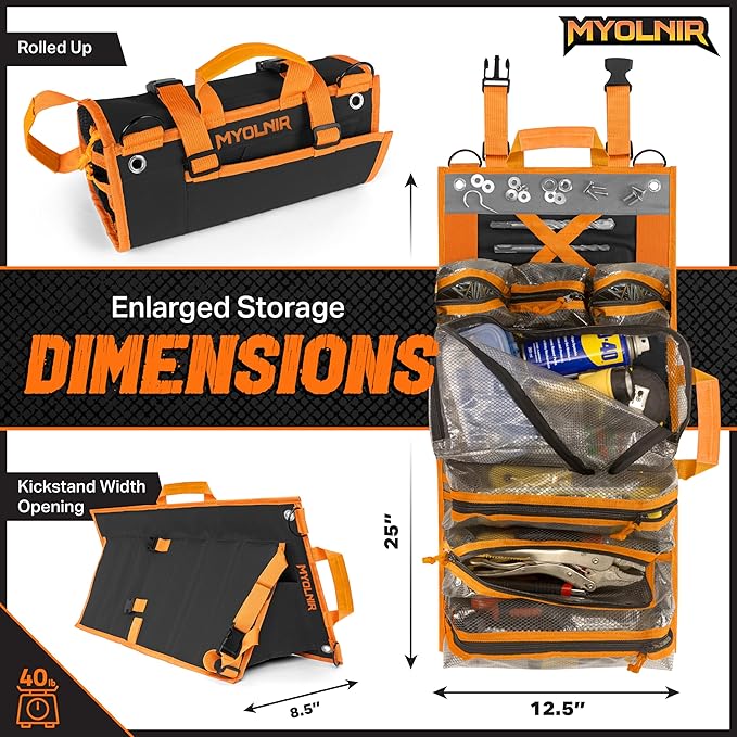 Roll Up Tool Bag Organizer With Kickstand - Compact Heavy Duty Motorcycle Tool Roll Bag Organizer - Portable Rollup Toolbag With Magnetic Panels & Transparent Pockets - Mechanic & Electrician