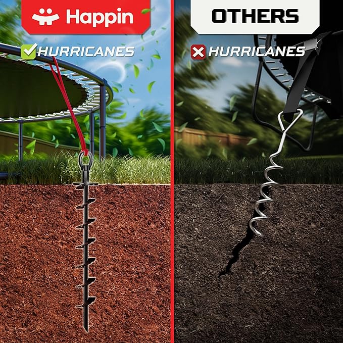 Happin® Trampoline Stakes, Trampoline Accessories, Ground Stakes Heavy Duty, Ground Anchors Screw in, Rebar Stakes, Tent Anchors, Yard Spikes, Galvanized Steel (4 Pack Spiral, Black)