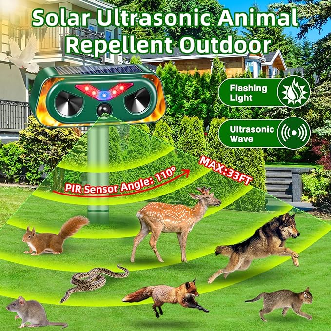 2026 Solar Ultrasonic Animal Repeller Outdoor with Flashing Lights & Motion Sensor,Upgraded Waterproof Animal Deterrent Devices for Deer,Cat,Squirrel,Rabbit,Raccoon,Fox,Skunk Repellent for Yard Garden