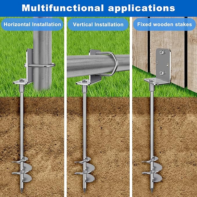30" Heavy Duty Screw in Ground Anchors Kit, 3" Spiral Windproof Earth Anchors for Trampoline, Shed, Swing Set & Mobile Home, Fully Welded Steel with Nut Driver Drill Bit (Set of 6)