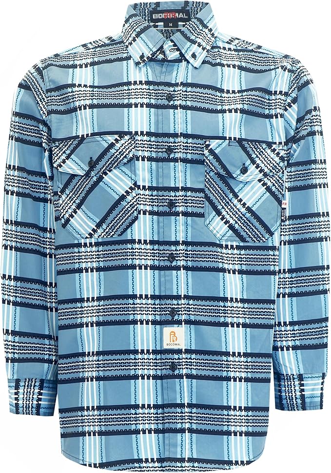 BOCOMAL FR Shirts for Men Printed Plaid Flame Resistant NFPA2112/CAT2 6.5oz Lightweight Fire Retardant Shirt