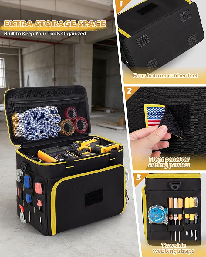 2 Layers Tool Bag with 3 Clear Window Removable Cases, Heavy Duty Tool Tote with Molle Webbing and Detachable Shoulder Strap, Black/Yellow