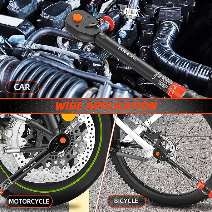PRIDE&CRAFT 3/8 Inch Drive Click Torque Wrench, 3% High Precision Adjustable Dual Direction, 72-Tooth, 5-50 lbf.ft/6.8-68 Nm Torque Wrench for Bike, Motorcycle and Car Repair, Orange Black