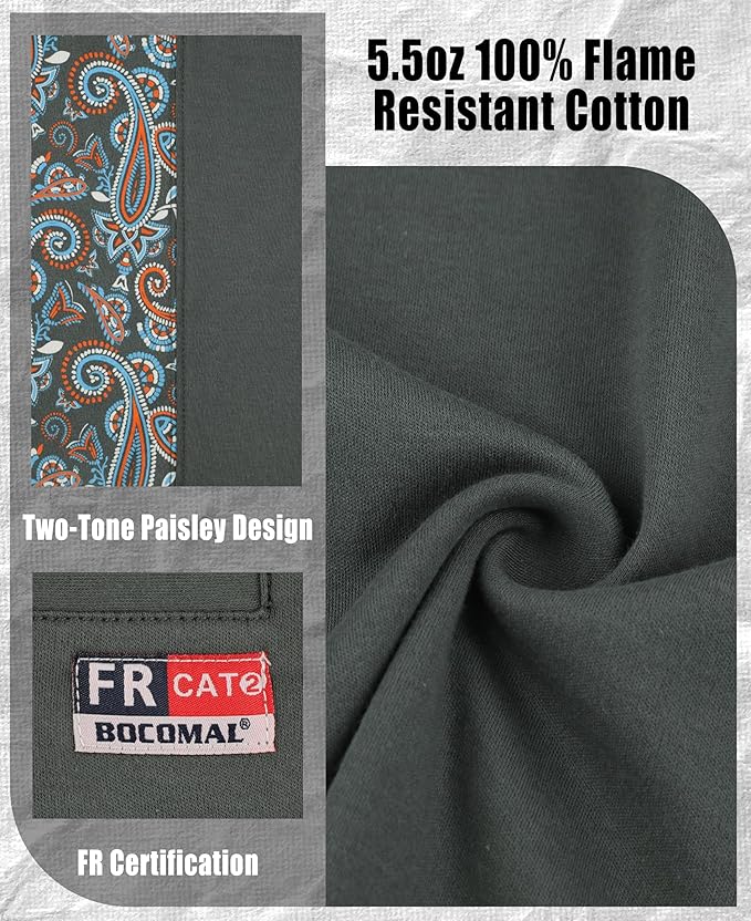 BOCOMAL FR Shirts Crewneck 5.5oz Lightweight Cotton Paisley Camo Two-Tone Flame Resistant Long Sleeve CAT2 Work Shirt