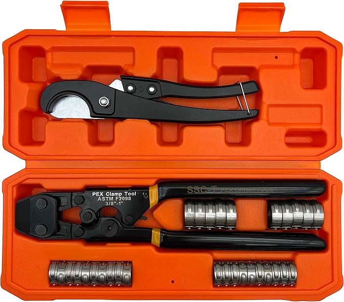 PEX Pipe Clamp Cinch Tool Crimping Tool Crimper for Stainless Steel Clamps from 3/8-inch to 1-inch with 1/2-inch 20PCS and 3/4-inch 10PCS SS PEX Clamps,with Pipe Cutter in Plastic Box
