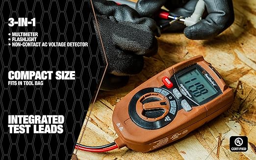 Southwire Multimeter Compact 3-in-1 - Built-In Voltage Detector & Flashlight - 10 Functions, Auto-Reset Fuse - CAT IV 600V - UL Listed
