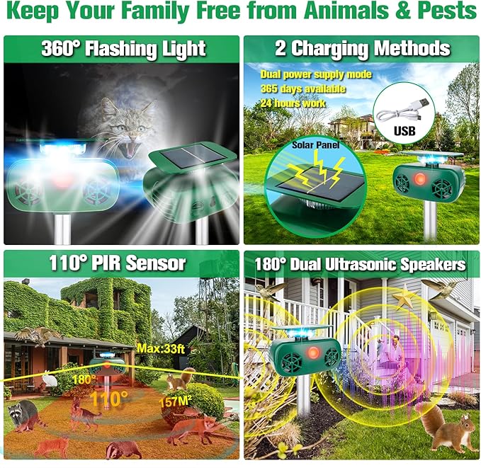 Cat Repellent Outdoor,Solar Pest Animal Repellent,Bird Deterring Devices Solar Powered Ultrasonic Dog Repeller with Motion Sensor & Flashing Light,Cat Repeller for Repelling Squirrels, Raccoon