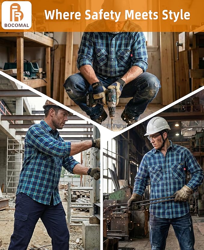 BOCOMAL FR Shirts Flame Resistant 100% C NFPA2112 7.5oz Men's Fire Retardant Welding Shirt