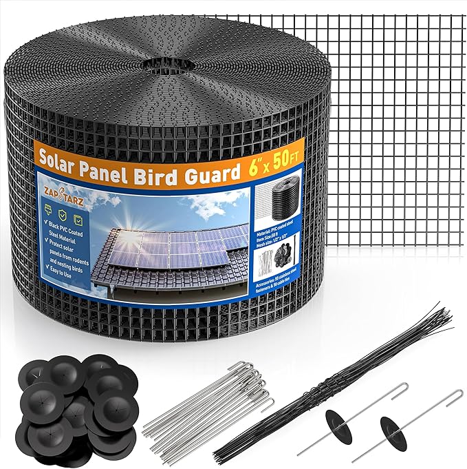 6 inch x 50ft Solar Panel Bird Guard, Wire Mesh Critter Guard for Solar Panels with 50pcs Fasteners, PVC Coated Pigeon Barrier Netting Solar Panel Mesh Screen for Bird Proof Squirrel Fence
