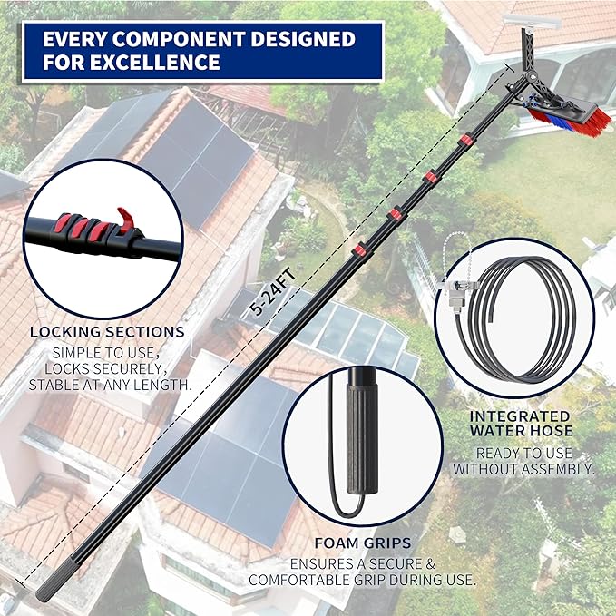 YouSJ 24FT Adjustable Water Fed Solar Panel Cleaning Kit,Window Cleaning Tool,Telescopic Solar Panel Cleaning Brush with Extension Pole & Outdoor