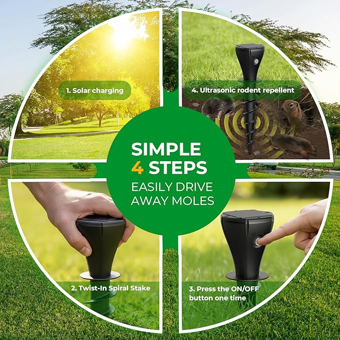 Solar Powered Mole Repellent for Lawns, 8 Packs Ultrasonic Vole Repeller Outdoor, IP 65 Waterproof Outdoor Ultrasonic Mole Deterrent Get Rid of Gopher Vole Skunk Groundhog Snake in Garden Yard Lawn