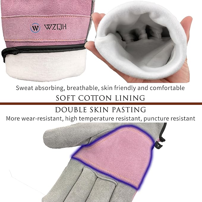 Leather Work Gloves for Men or Women. Large Glove for Gardening, Tig/Mig Welding, Construction, Chainsaw, Farm, Ranch, etc. Cowhide, Cotton Lined, Utility, Firm Grip, Durable. Pink-Grey L