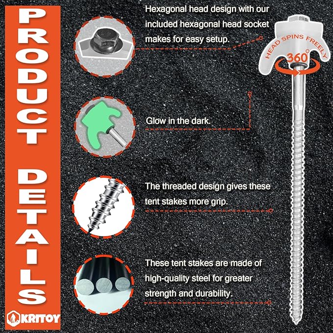 20 Pack Tent Stakes Heavy Duty - 8" Ground Anchors Screw in - Camping Stakes with Grow in The Dark Heads - Metal Threaded Tent Spikes with Hex Head Driver and Storage Box