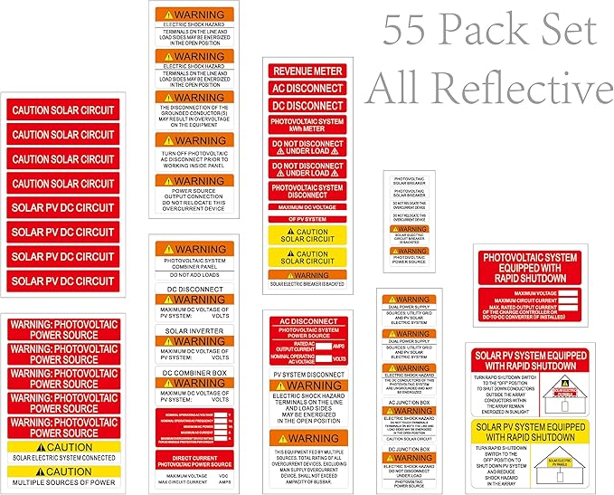 55 Pack Reflective Solar PV System Labels -Serial 2R- UV Resistant Solar PV Stickers Photovoltaic System Warning Durable | PV Label for Electrical Panel Installer Kits