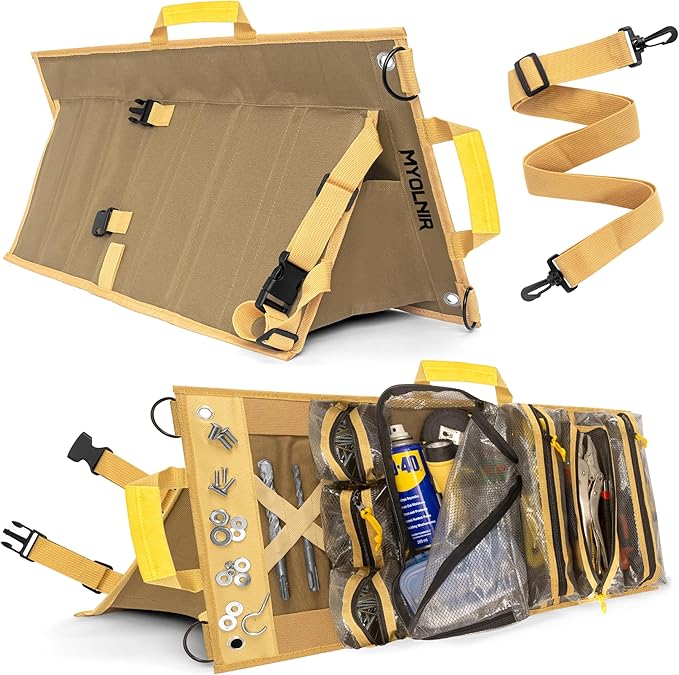 Roll Up Tool Bag Organizer With Kickstand - Compact Heavy Duty Motorcycle Tool Roll Bag Organizer - Portable Rollup Toolbag With Magnetic Panels & Transparent Pockets - Mechanic & Electrician