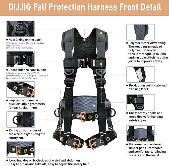 Fall Protection Safety Harnesses Full Body Roofing Construction Harness 5 Point Adjustment Harness Padded Black OSHA/ANSI COMPLIANT