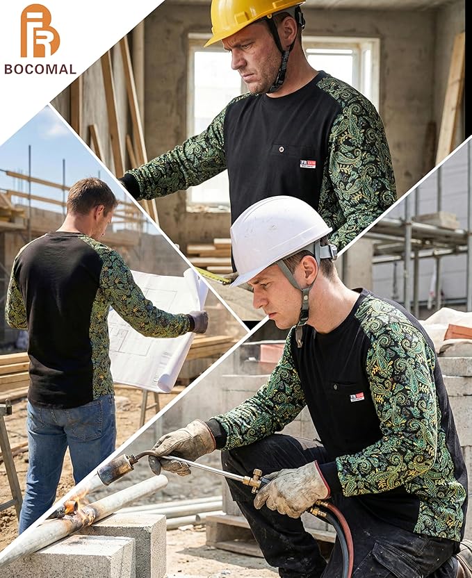 BOCOMAL FR Shirts Crewneck 5.5oz Lightweight Cotton Paisley Camo Two-Tone Flame Resistant Long Sleeve CAT2 Work Shirt