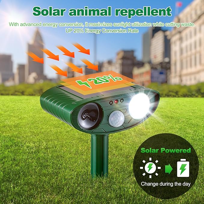 2 Pack Solar Animal Repeller for Raccoons, Deer & Squirrels - Ultrasonic & Strobe Light, Outdoor Deterrent for Cats, Dogs, Raccoons, Rabbits, Skunks, Foxes & More
