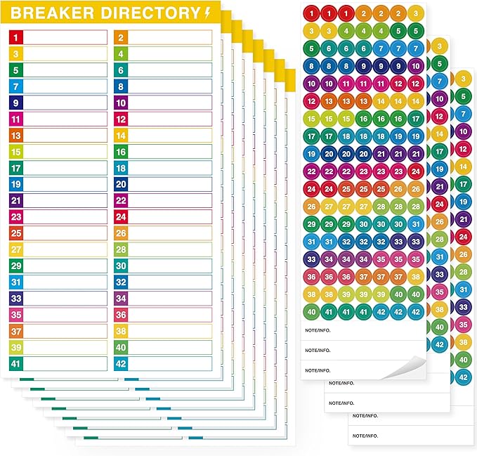 10 Sheets Breaker Panel Labels & 3 Number Stickers, Colorful Waterproof Durable Self-Adhesive Electrical Number Directory Load Center Stickers