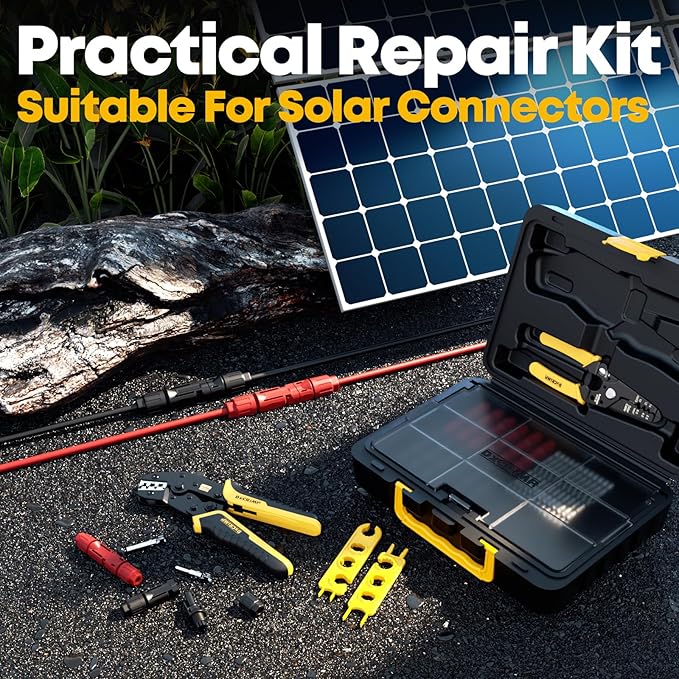 Solar Crimper Tool Kit for 14-10 AWG Solar Panel Cable, with 12 Pairs Solar Connectors, Solar Crimper, Wire Strippers and Wrench, Solar Installation Assembly Tools