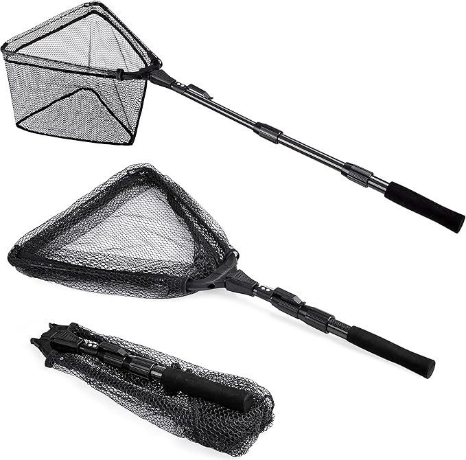 PLUSINNO Fishing Net Fish Floating Landing Net, Kayak Nets with Fixed Foldable Telescopic Pole Handle, Bass Trout Fishing Nets with Nylon Mesh for Pond Lake River, Fishing Gear Gifts for Men Anglers