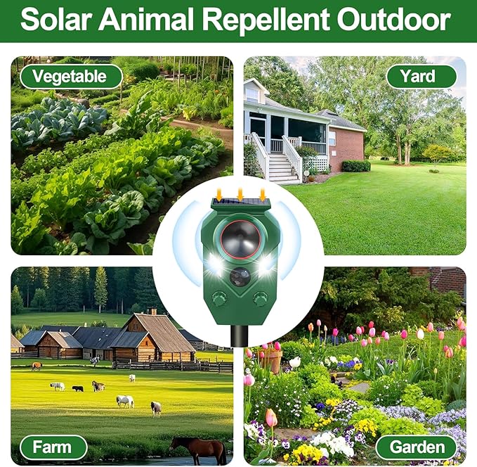 Ultrasonic Animal Repeller Outdoor - Cat Repellent & Deterrent with PIR Sensor & Flashing Light,Solar Powered Deer Repellent for Squirrels, Raccoons, Skunks,Rabbits,and Dogs, IP65 Waterproof （2 Pack）